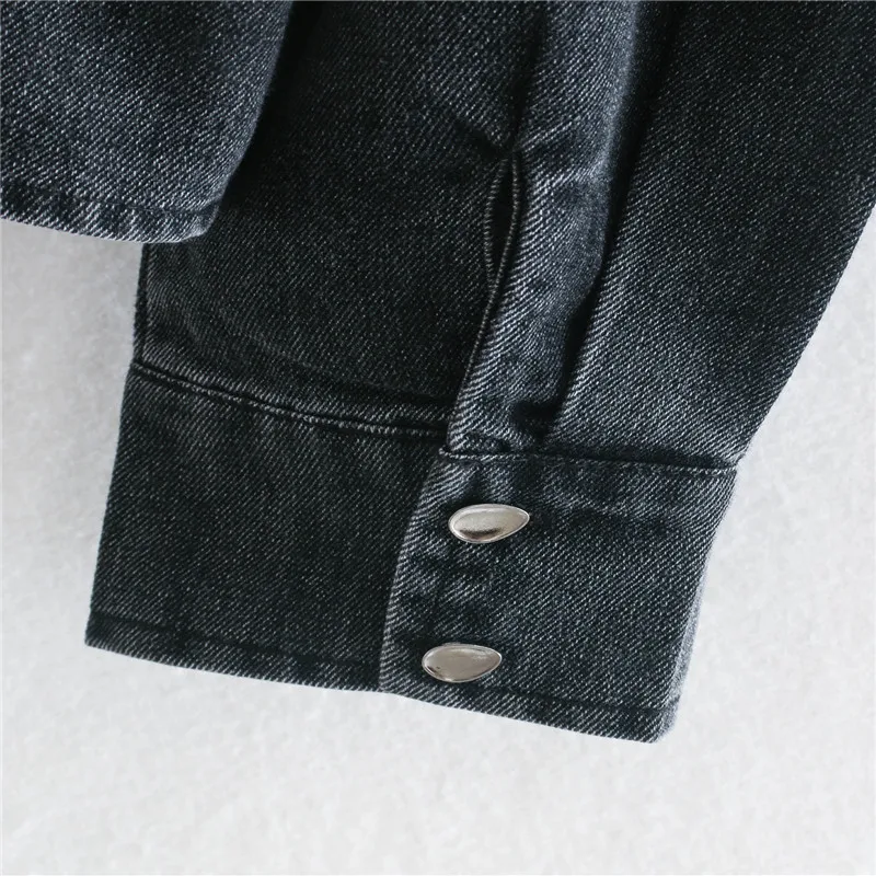 

Jean Shirt Women Chic Front Snap Button Vintage Loose Blouse Top 2021 Za Autumn Denim Shirts Woman V-neck Long Sleeve Ruffle