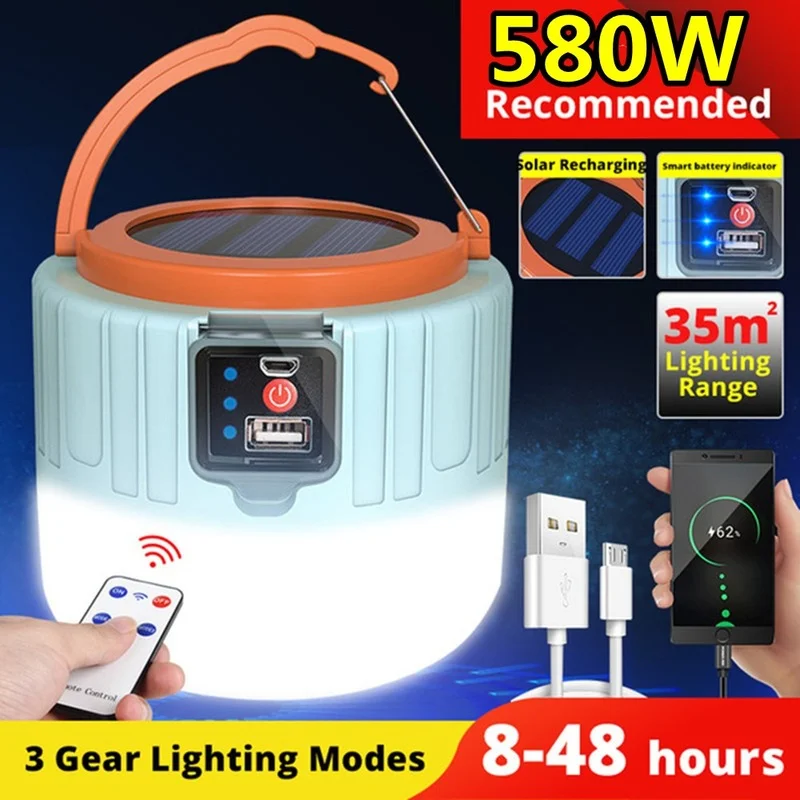 

Newest 580W Camping Light Solar Outdoor USB Charging 3 Mode Tent Lamp Portable Lantern Night Emergency Bulb Flashlight for BBQ