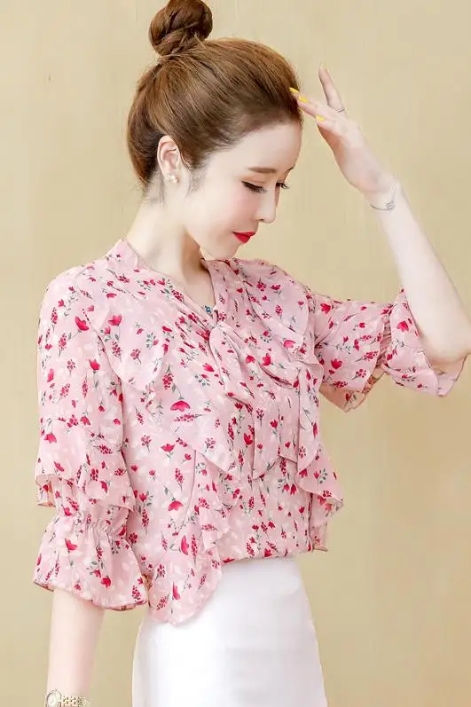 

2021 Summer New Style Elegant and Comfortable All-match Floral Chiffon Shirt Blouse Foreign Style Ruffled Shirt Short Sleeves