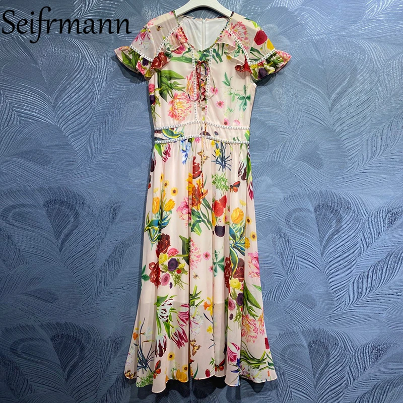 

Seifrmann New 2021 Summer Women Fashion Runway Party Long Dress Short Sleeve Gorgeous Ruffles Beading Floral Printed Dresses