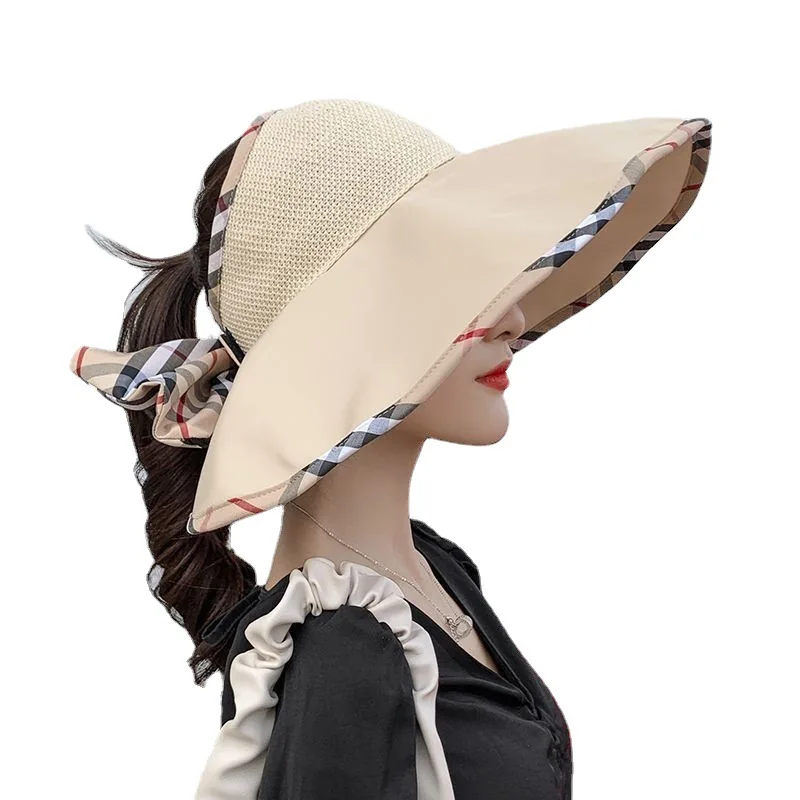 

New Women Velcro Adjustable Bow Decoration Empty Top Suncap Foldable Portable Beach Hat 13cm Wide Brim Fashion Casual Straw Cap