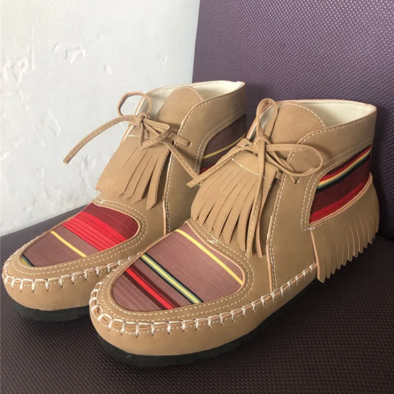 

Женские ботильоны с кисточками и полосками, теплые туфли на плоской подошве, повседневная обувь с петлями, женская обувь