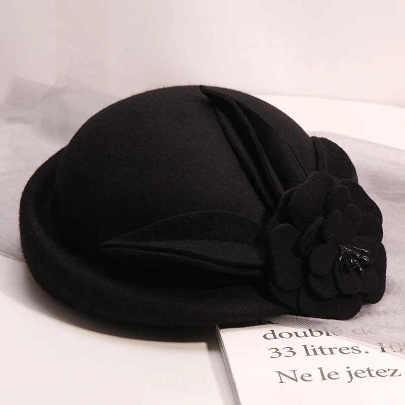 100% Wool Felt Berets Women Autumn And Winter Party Gauze Flower Formal Hat Banquet Grace Woolen Hats | Аксессуары для одежды
