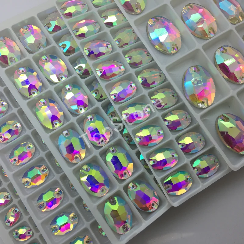Стразы с овальным кристаллом TopStone 2 отверстия прозрачный цвет AB Размер 7x10 мм 10x14