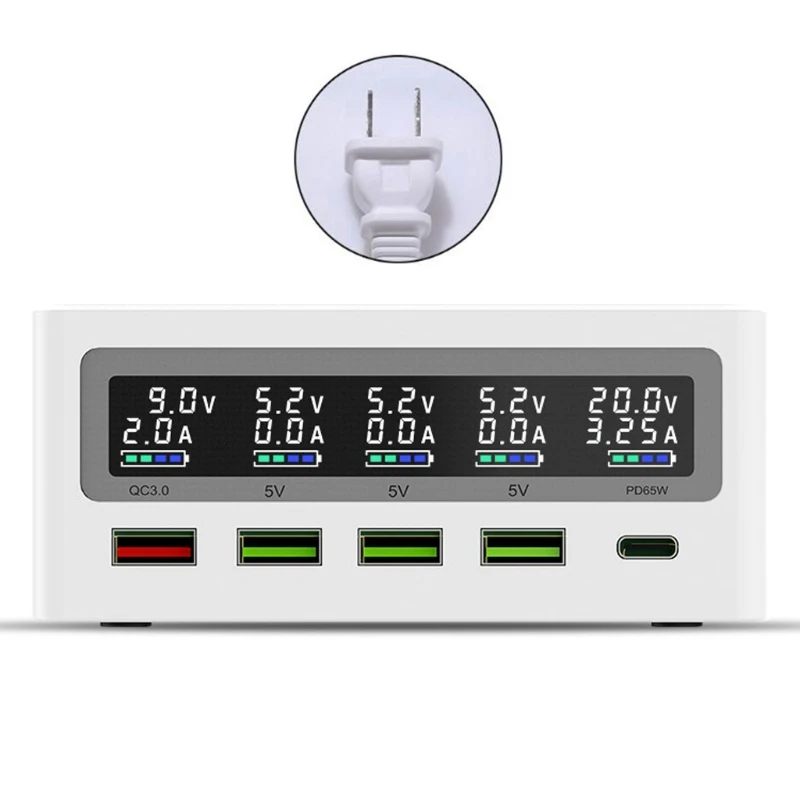 

5-Port USB C Type C PD 65W Fast Charge Adapter 18W QC3.0 USB Hub Charger Station B85B