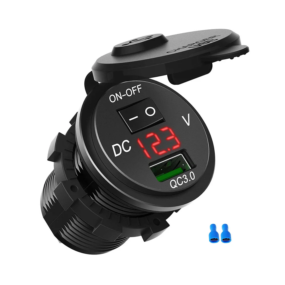 12V/24V QC3.0 Waterproof USB Fast Car Charger Socket Power Adapter Outlet With Switch and Voltmeter gauge for Boat Motorcycle |