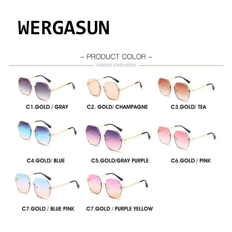 

WERGASUN Rimless Gradient Sunglasses Women Luxury Brand Designer Oversized Round Sun Glasses Ladies Gradient Shades Eyewear