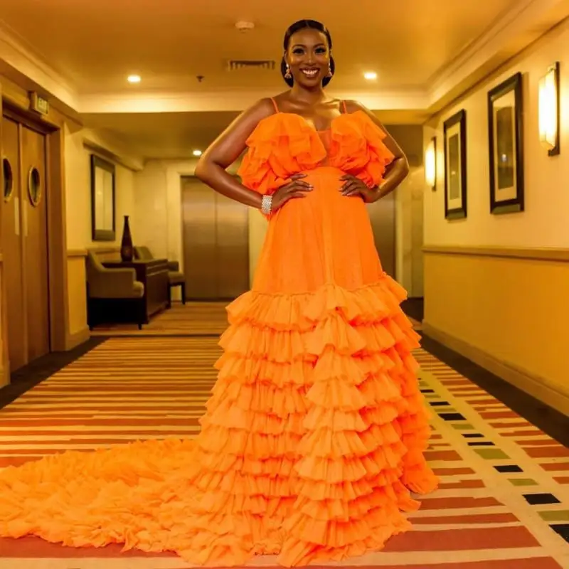 

Sexy Orange Black Girls Prom Dresses Long Train Tiered Skirt Women Girls Formal Evening Dress Party Birthday vestidos de fiesta