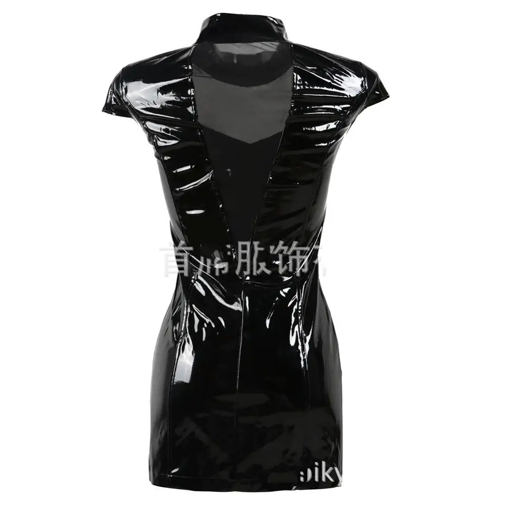 

Sexy Women PVC Black Mesh Zipper Solid Dresses Short Sleeve Turtleneck Clubwear Dresses Summer Party Club Hot Sheath Sundress