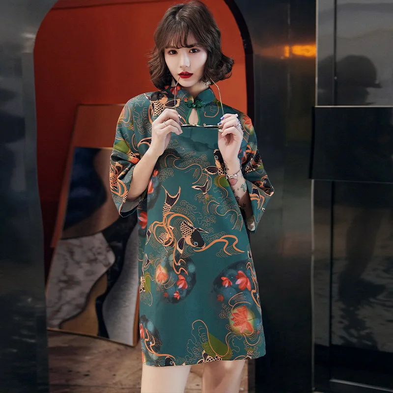 

Qipao Dress Modern Wedding Dress Retro Cheongsam Girl Japanese Harajuku Style Vintage Carp Crane Printed Party