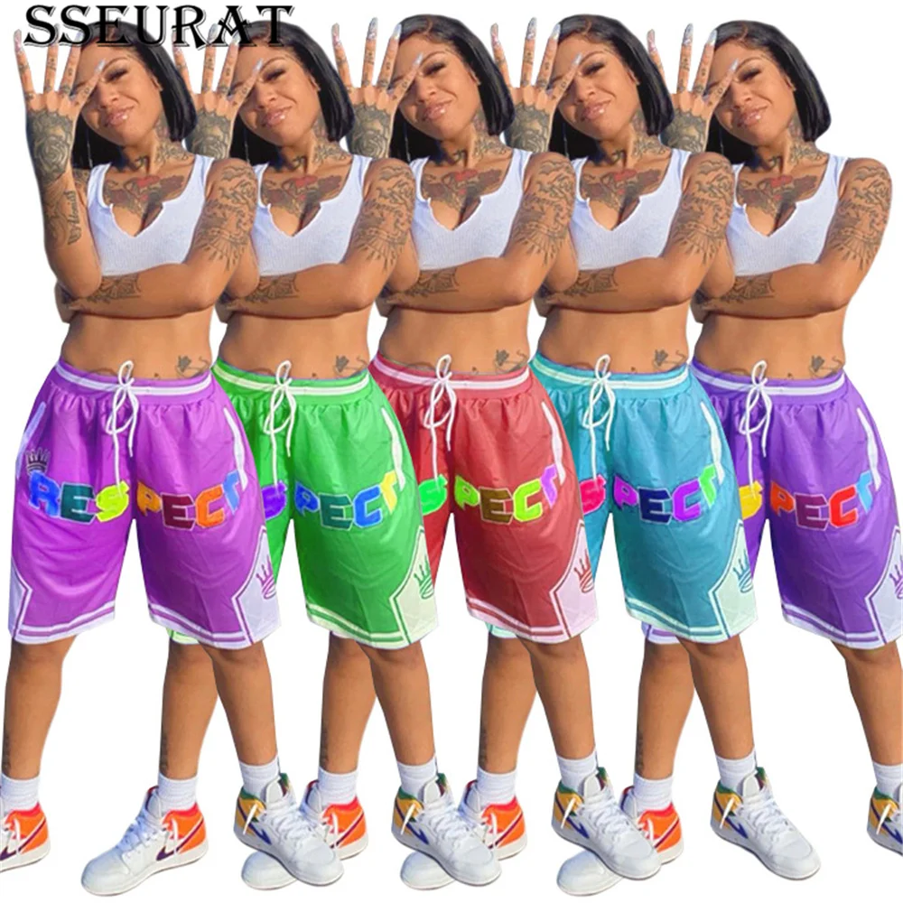 

SSEURAT Letter Printed Sporty Loose Short 2021 Women High Waist Drawstring Straight Shorts Fashion Girls Workout Midi Pants