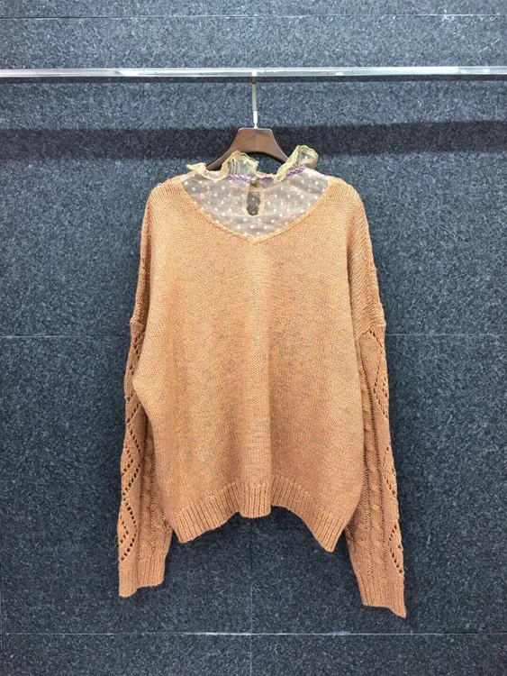 

2020 autumn and winter new fashion women's polka dot mesh stitching diamond decoration long-sleeved sweater 1010