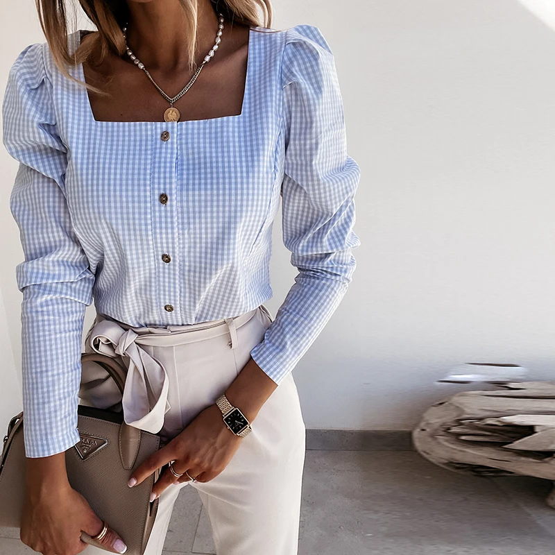 

2021 Spring Summer New Fashion Sexy Striped Shirt Women Square Collar Long Puff Sleeve Buttons Casual Party Outing Tops