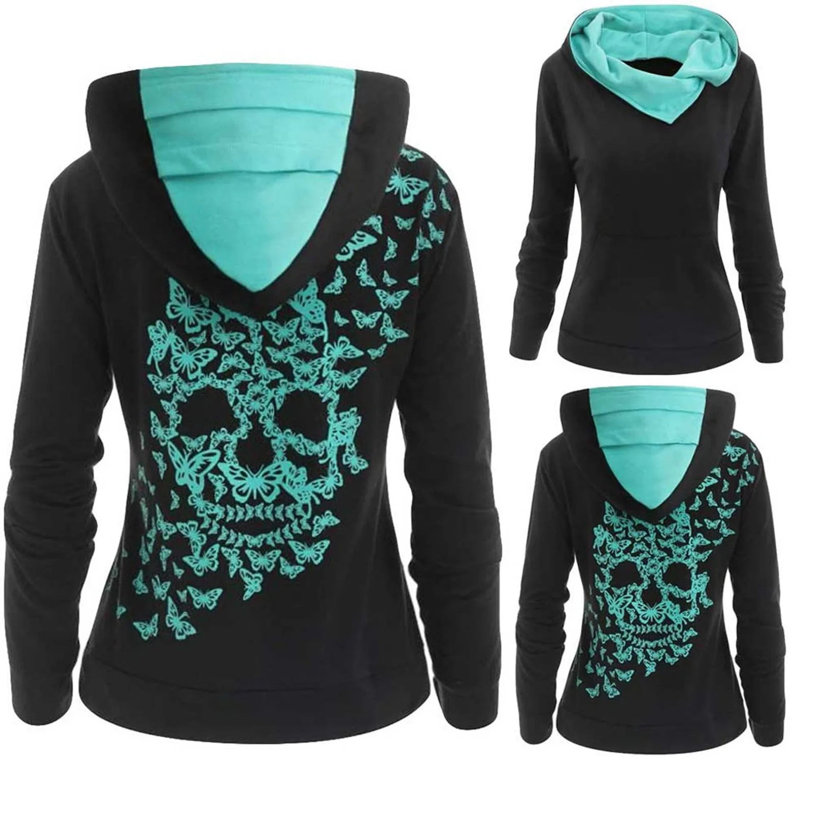 

2020 Women's Hoodie Fashion Butterfl Skull Print Hoodie Sweatshirt Tops Sweatshirt Hooded Winter Woman Худи Оверсайз