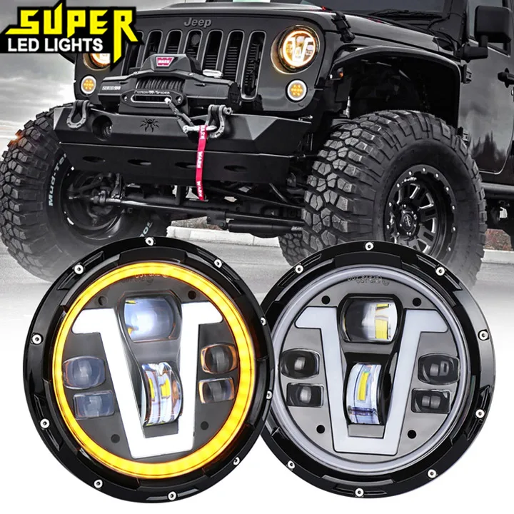 

Jeep Headlights LED 7 inch with Halo Ring Amber Turn Signal Lights V Type White DRL Hi Lo Beam for Jeep Wrangler JK TJ LJ CJ Bla