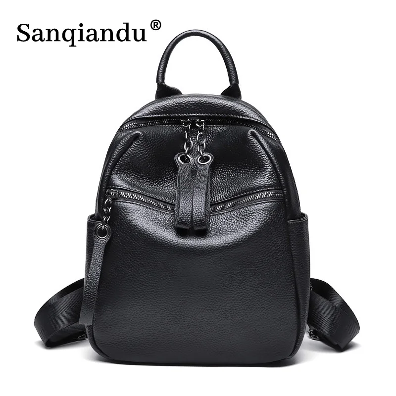 100% Genuine Leather Women Backpack Fashion Ladies Travel Bag Korean Style Schoolbags For Girls Backpacks Leather Knapsack Black