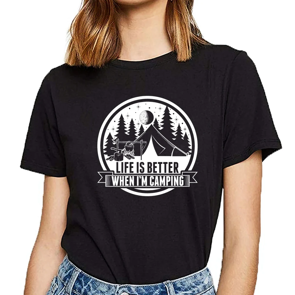 Топы футболки для женщин жизнь лучше когда я Кемпинг премиум дизайн Черная