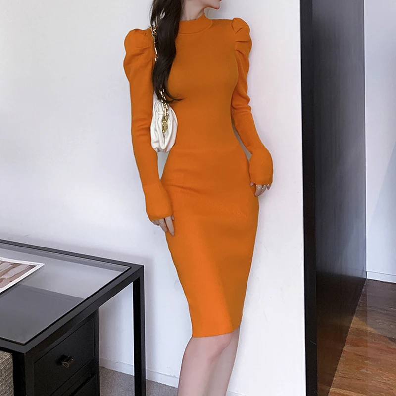 

Dresses Knitted Women Slim Puff Long Sleeve Solid Dress Female O Neck Pullover Vintage Knee-Length Autumn New Knit Dresses Femme