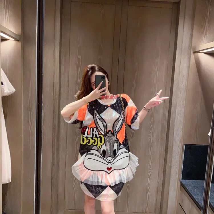 Женское Сетчатое платье футболка с принтом и блестками Свободное длинное в стиле