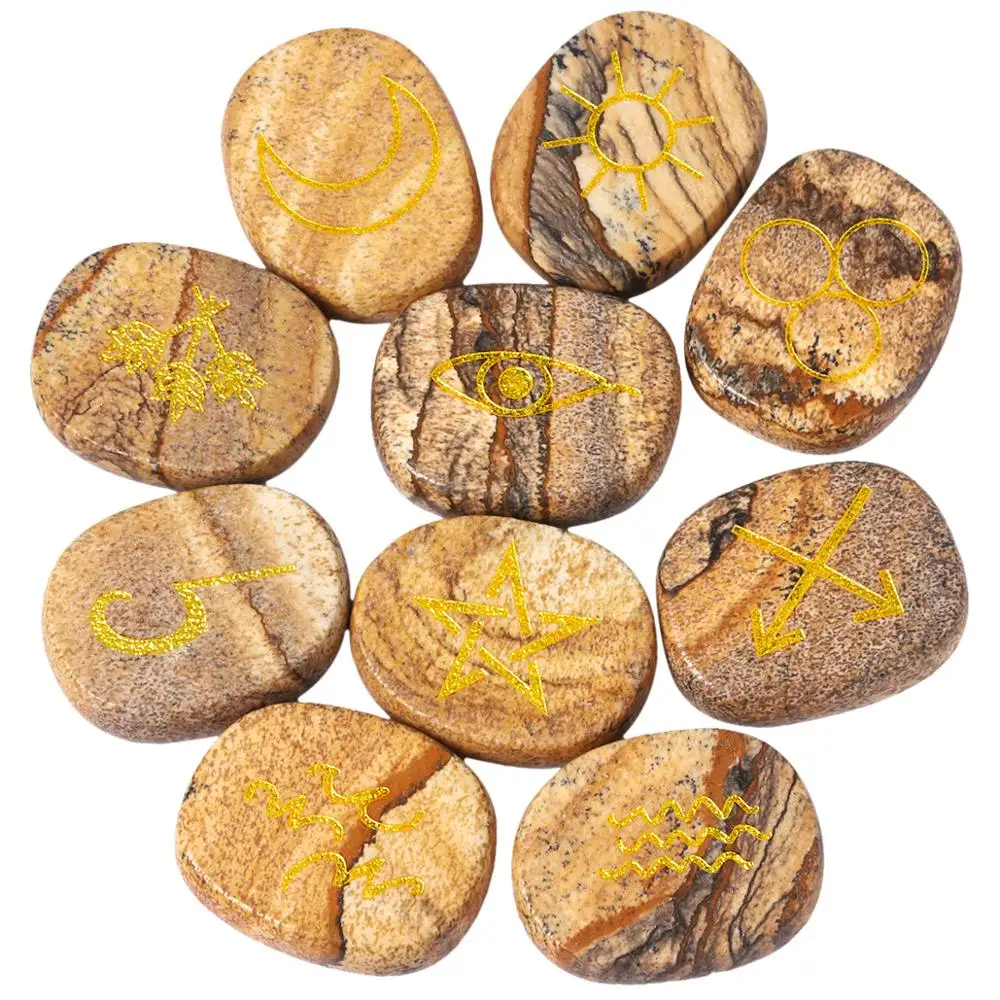 TUMBEELLUWA 1Lot (10Pc) Natural Engraved Gypsy Wiccan Pagan Symbol Rune Set for Healing Reiki Balancing Divination