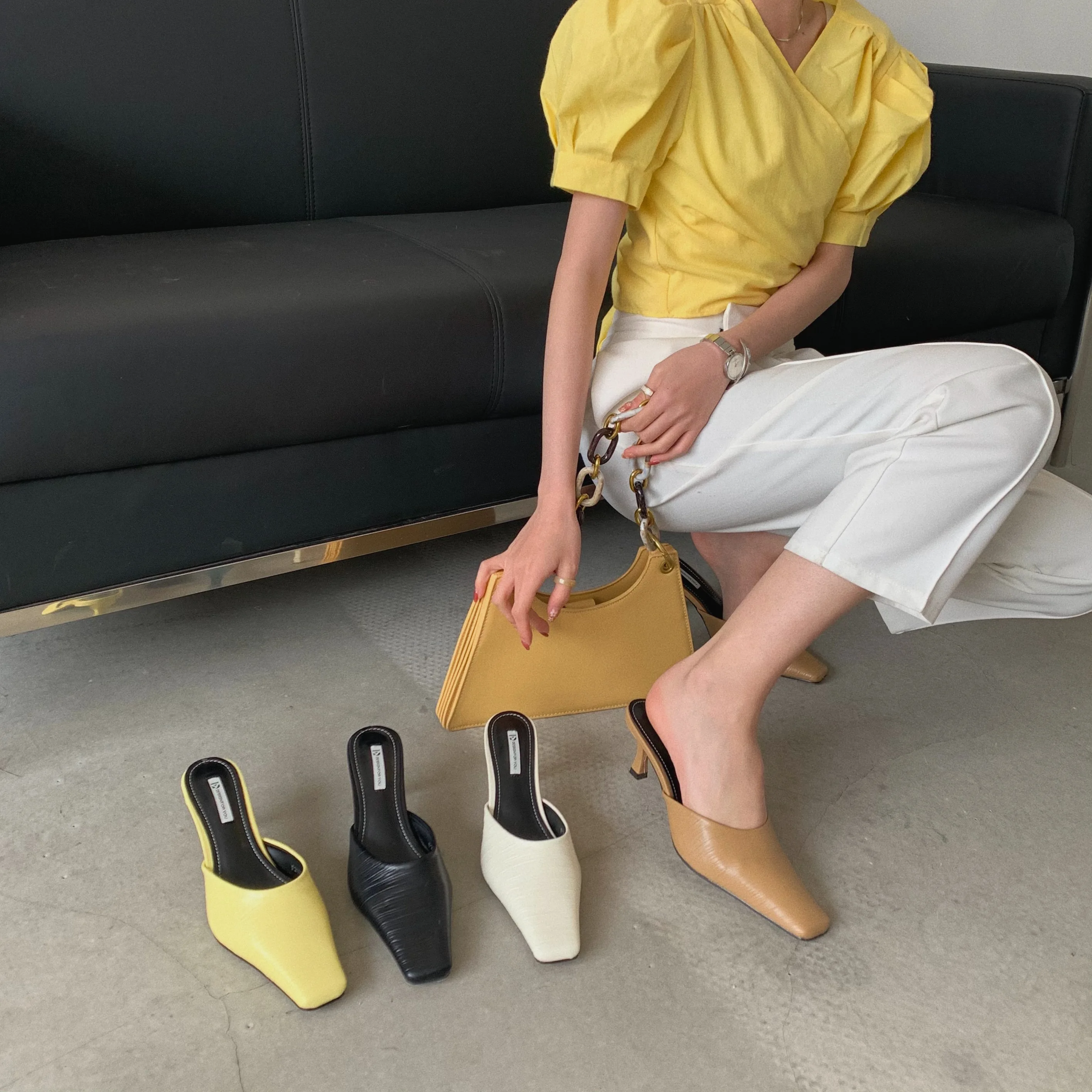 

Fashion Women Sandals Sliippers Solid Color Khaki/White/Black Thin High Heels Square Toe Shallow Slippers Mules Shoes Party Pump