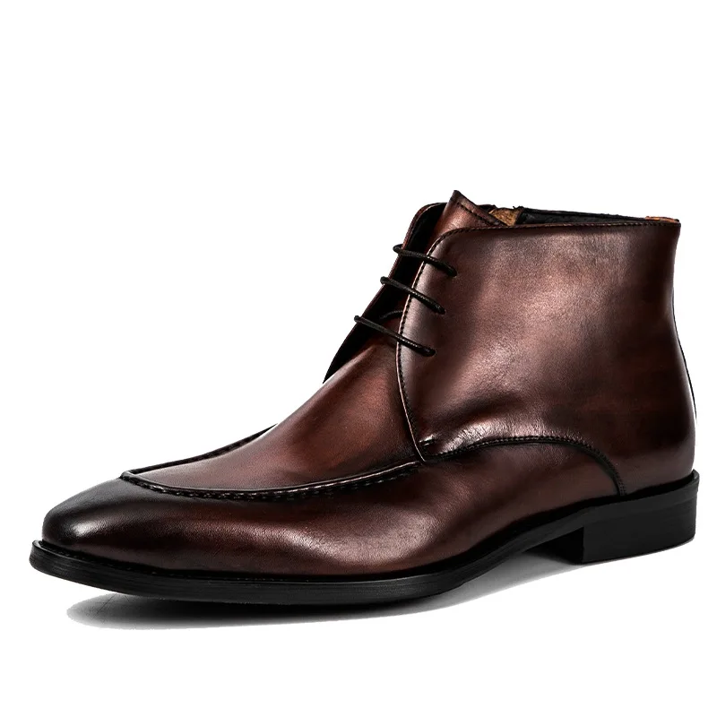

Men‘s Winter Chelsea Boots Genuine Leather Ankle Boots Lace Up Zip Mark Thread Decoration Dress Design High Top Shoes Men A194