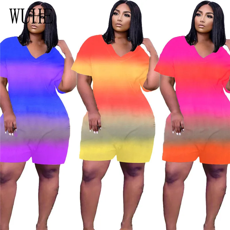 

WUHE Повседневное Свободные Комбинезоны с принтом сексуальный v-образный вырез короткий рукав карманы элегантный летний спортивный костюм д...