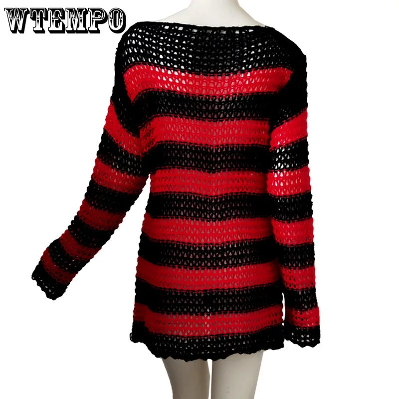 Свитер с дырками Модный пуловер вырезами джемпер черное Полосатое платье-свитер