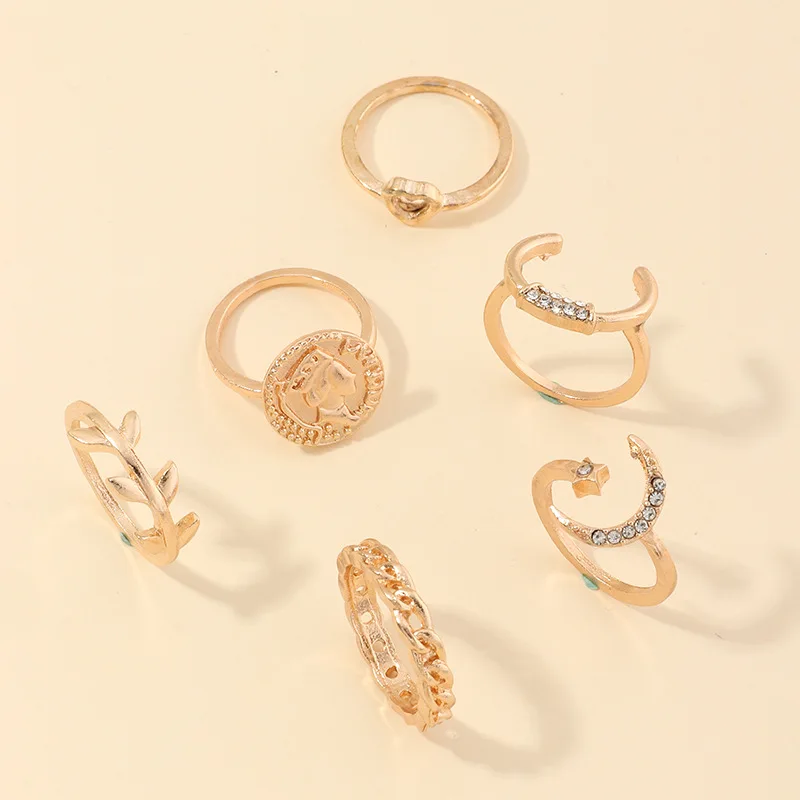 

6pcs/set Vintage Gold Crystal Moon Coin Finger Ring Set for Women Bohemian Geometric Love Leaf Glamour Joint Ring Trend Jewelry