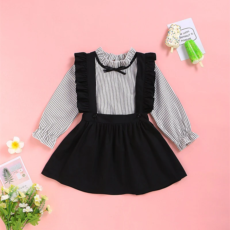 

Girls Autumn New Long Sleeve Striped Printed Top + Pure Color Sling Skirt Set