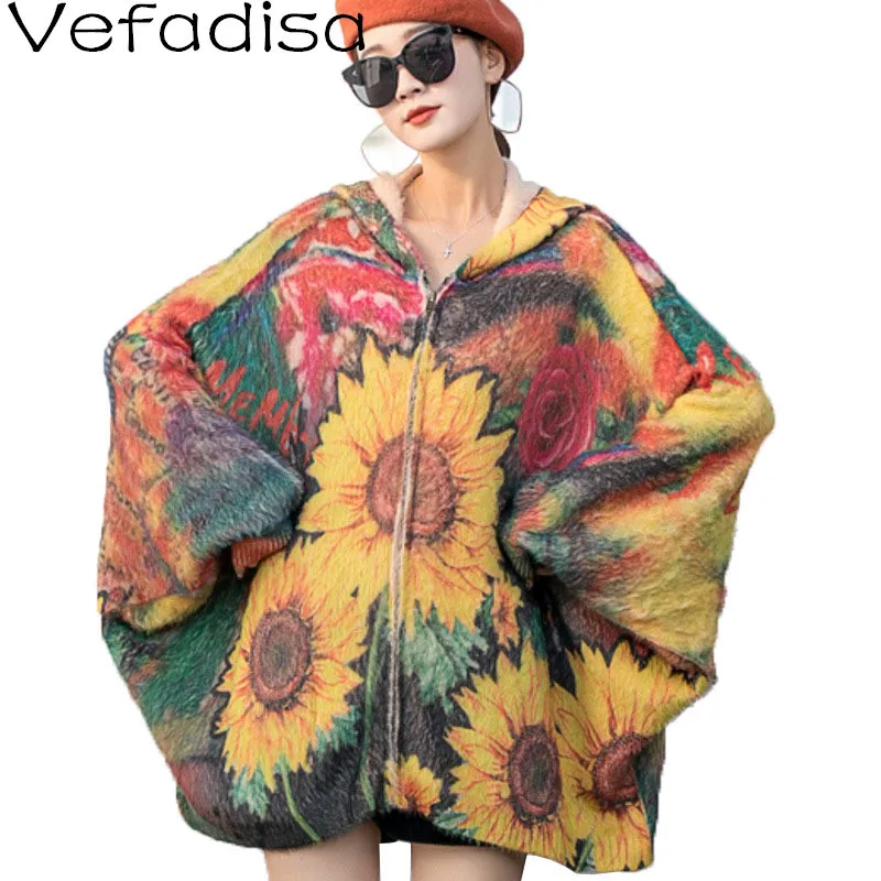 

Vefadisa Fashion Sunflower Print Cardigans Sweater Women 2022 Spring Batwing Sleeve Knitted Coat Hooded Plus Size QYF6219