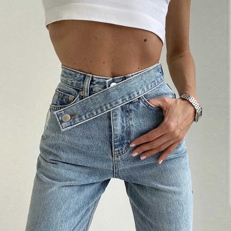 

SHZQ Vintage Asymmetric Waist Straight Woman Jeans High Waist Denim Wide Leg Pants Loose Boyfriend Jeans Autumn