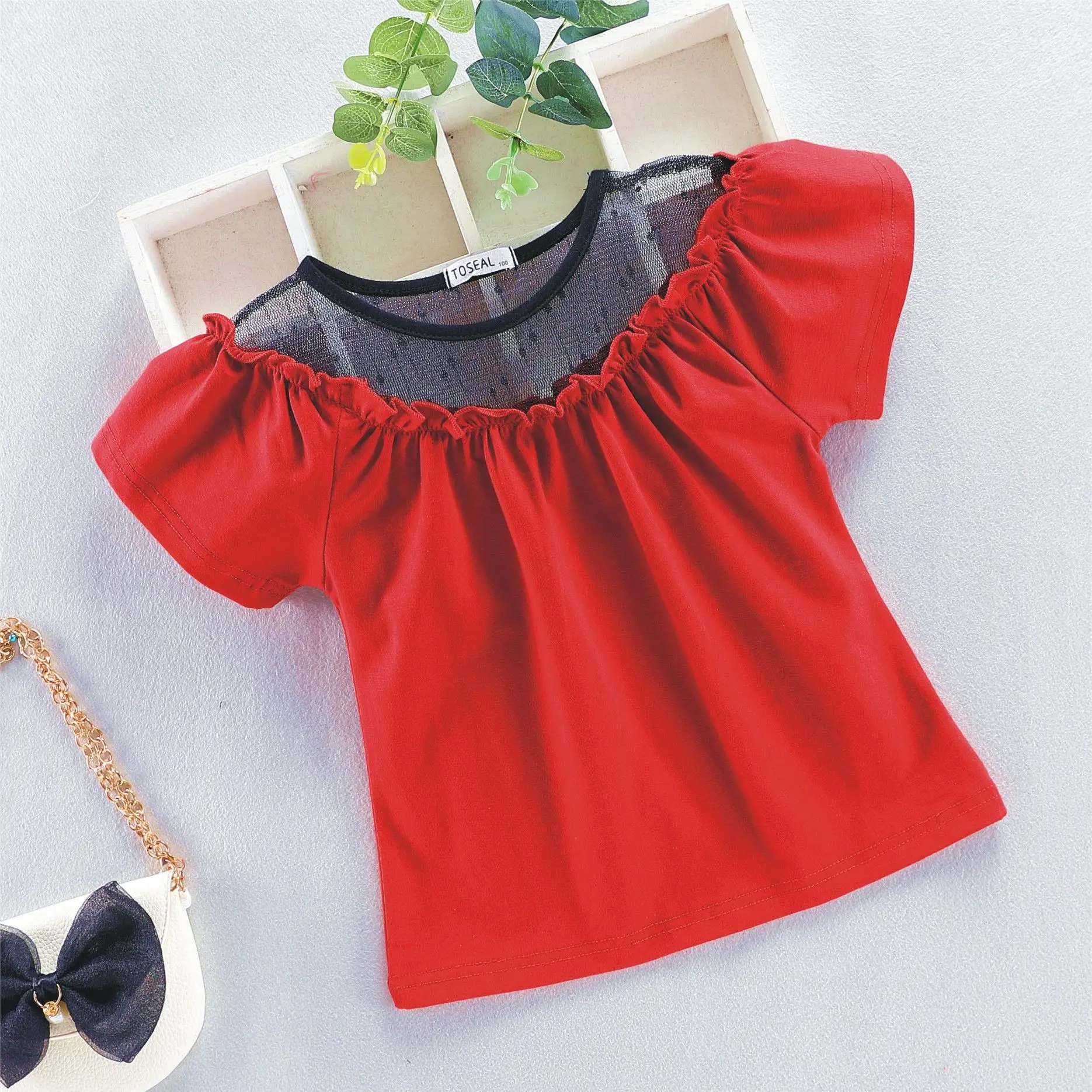 

Футболка из чистого хлопка для девочек, топ из сетчатой пряжи с короткими рукавами для принцесс, новинка 2021, корейский топ из тонкой ткани с ...