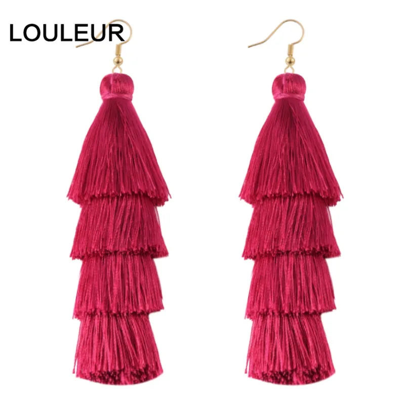 rose red Новинка, 4 слоя, богемные многоцветные массивные серьги-кисточки, желтое кольцо для ушей, женские большие висячие серьги,, бохо, индийские ювелирные изделия - Окраска металла: rose red