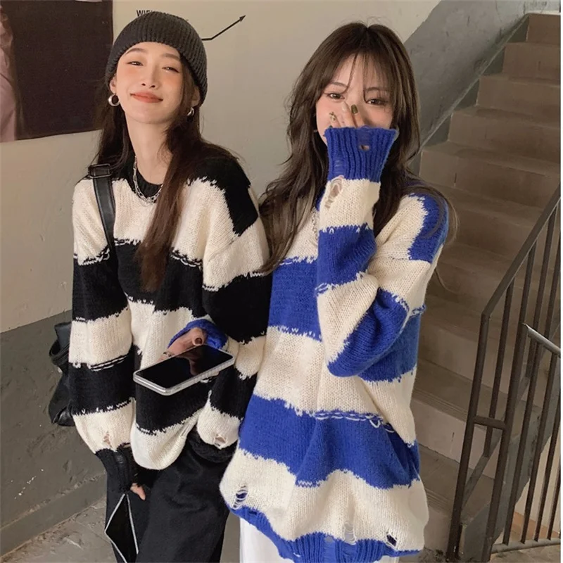 

Women Knitted Sweater Spring New Retro Striped Streetwear Korean O Neck Loose Casual Chic Blouse Female Tops 2022 sueters mujer