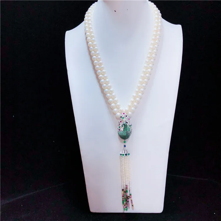 

Hand knotted natural 2 rows 8-9mm white freshwater pearl color peacock micro inlay zircon accessoriese clasp sweater necklace