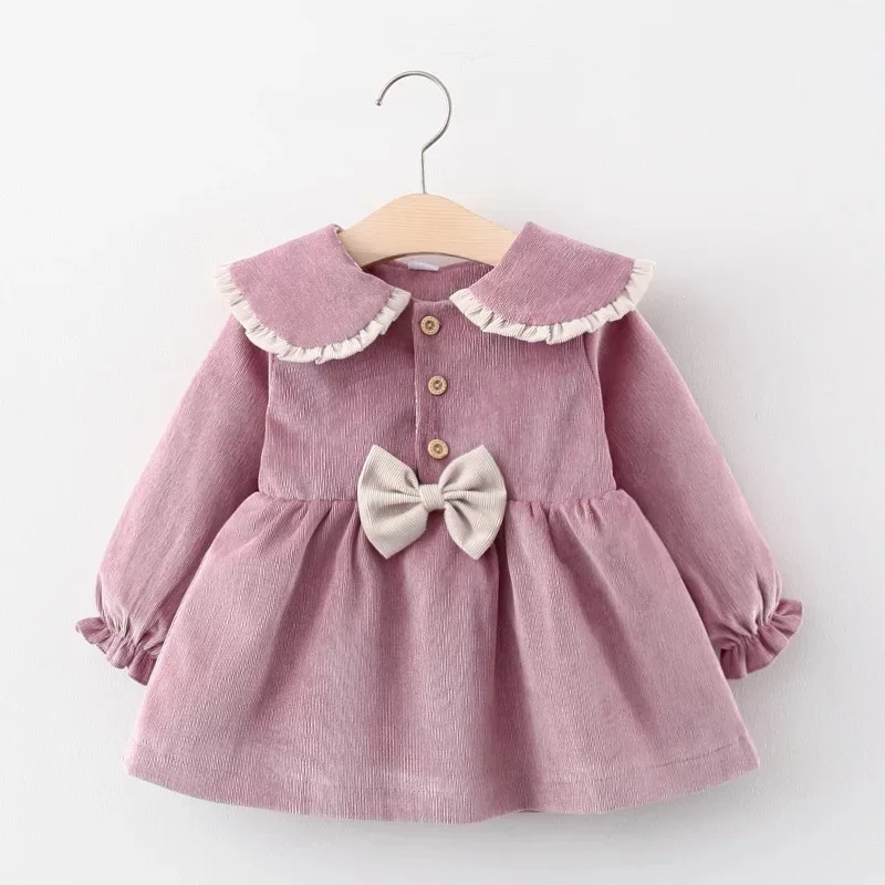 Autumn New Baby Girl Dress Big Bow Warm Party Princess Long Sleeve Corduroy Thicken Dresses Infant Kids Clothes | Детская одежда и