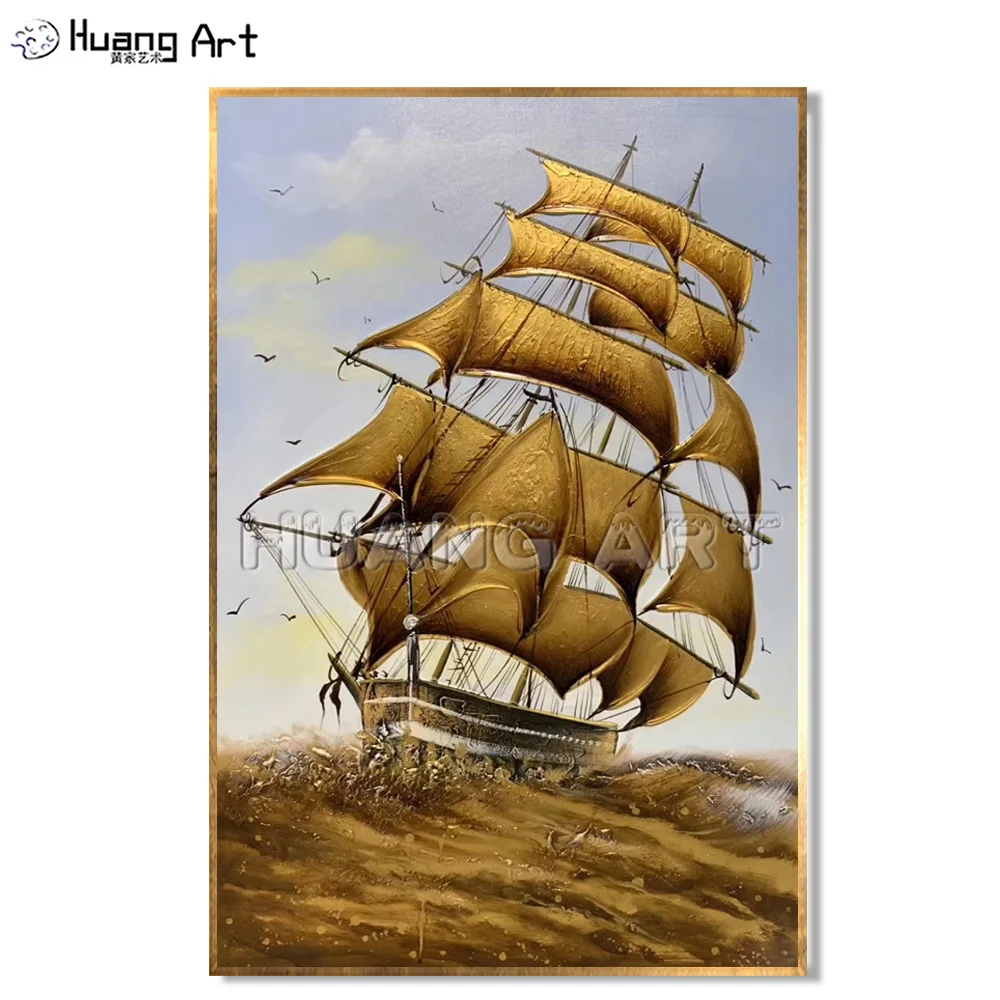 Hand-painted Modern Gold Sail Oil Painting on Canvas for Living Room Decor Handmade Sailboat Sea Landscape Texture | Дом и сад
