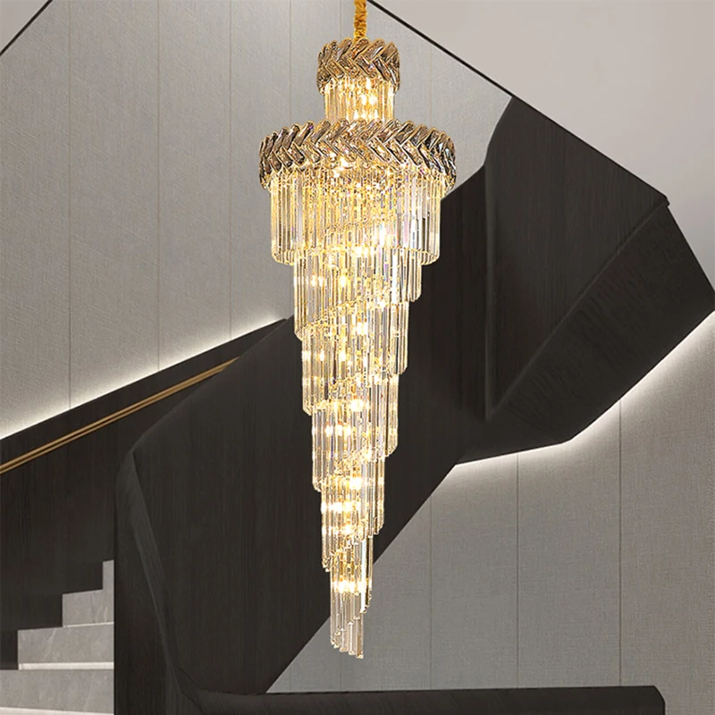 

Modern Crystal Chandelier For Staicase Long Villa Chain Lighting Fixture Large Home Decor Gold Stainless Steel Cristal Lamp