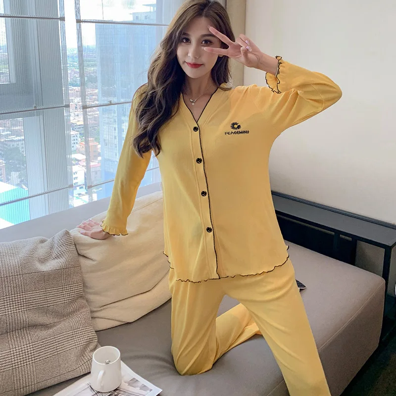 

Cardigan Cotton Pajamas Female Spring and Autumn Yellow Daisies Minimalist Long Sleeve Set Lace Students Summer Winter Home Wear