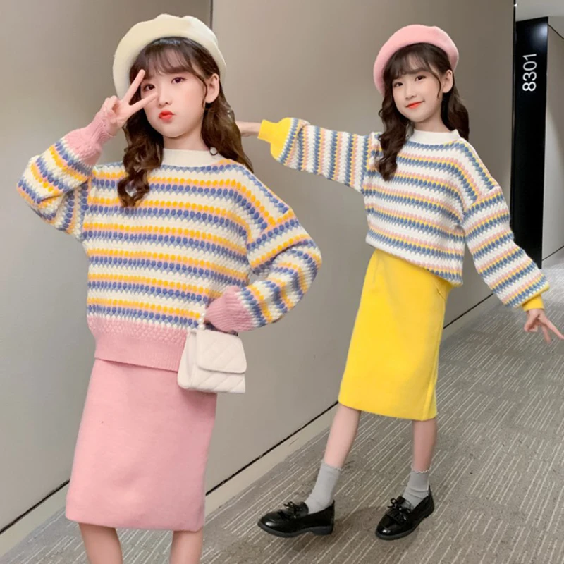 

Girls Clothing set 2021 Spring Knitted Sweater Skirt Suit for Girls Clothes Long Sleeve Striped Children Costume Kids Tracksuit
