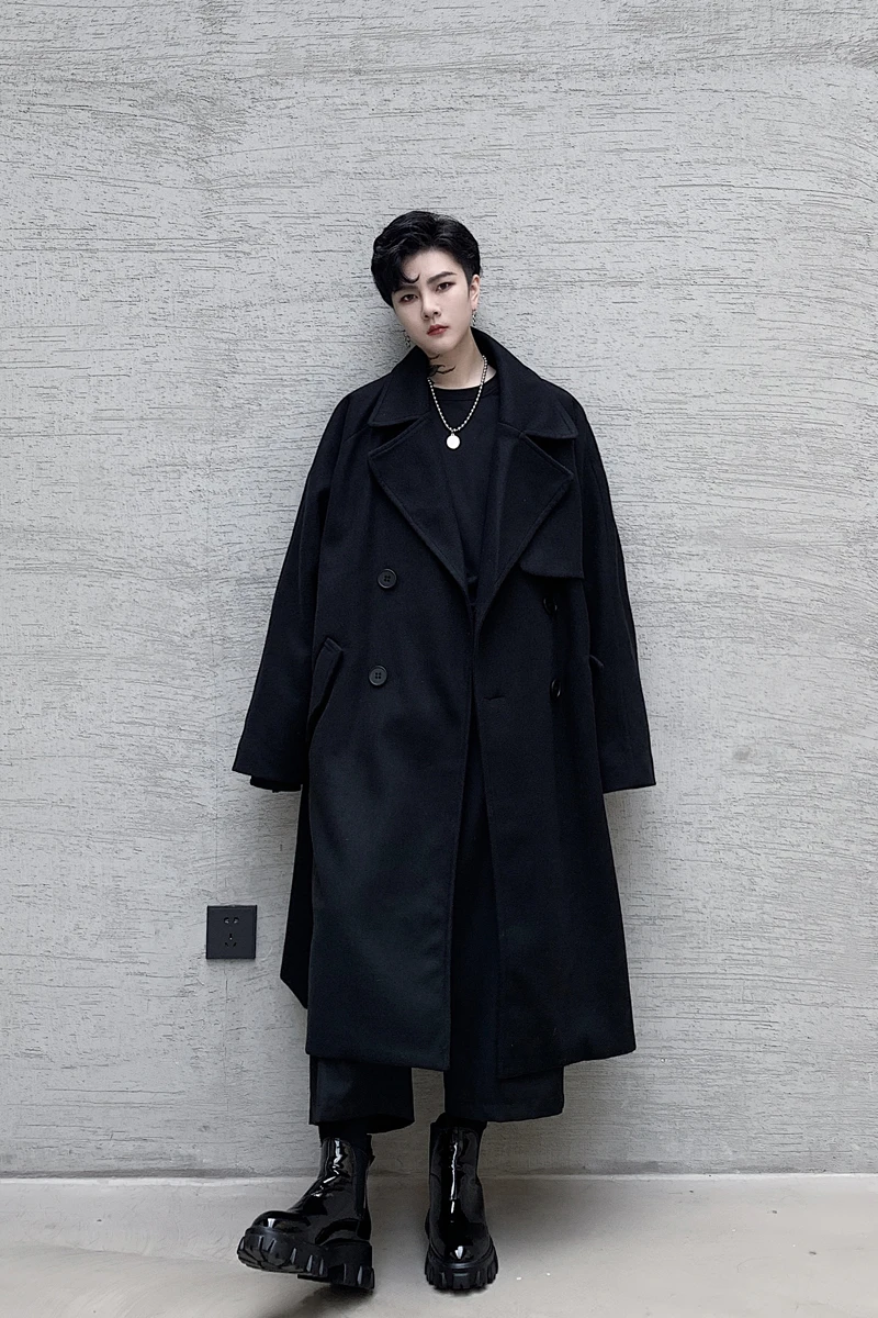 

Male Vintage Streetwear Belt Wool Trench Coat Overcoat Men Autumn Winter Loose Long Double-breasted Woolen Jacket Windbreaker