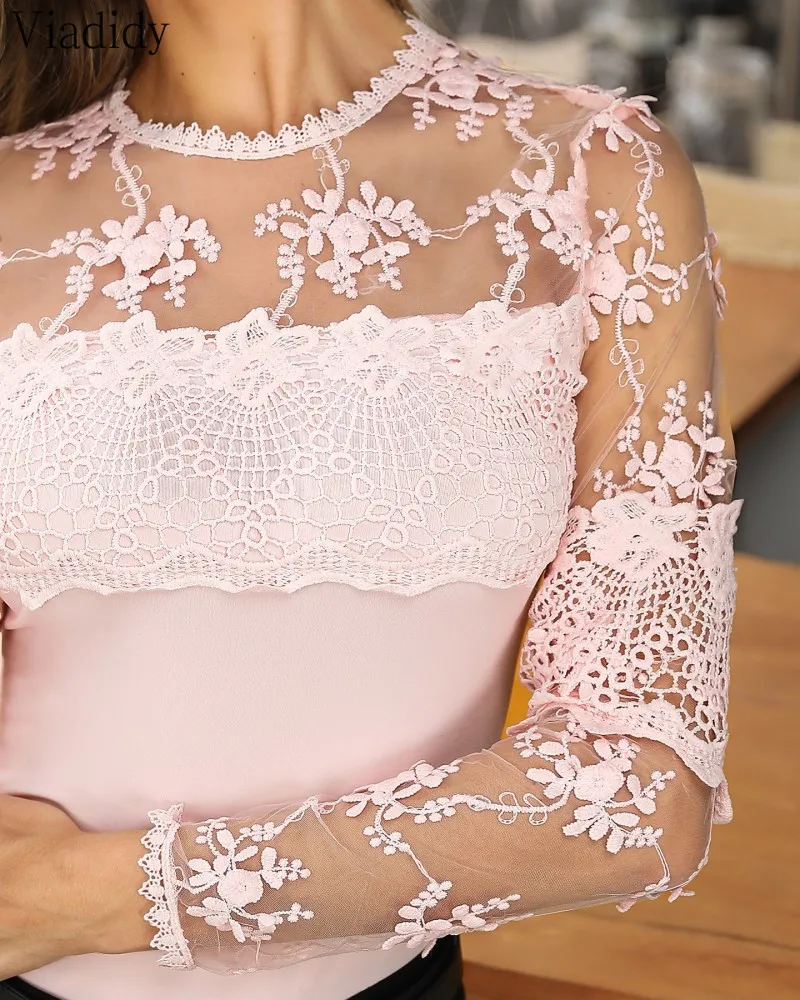 

Women Sheer Long Sleeve Mesh Patchwork Blouse OL Embroidery Lace Top