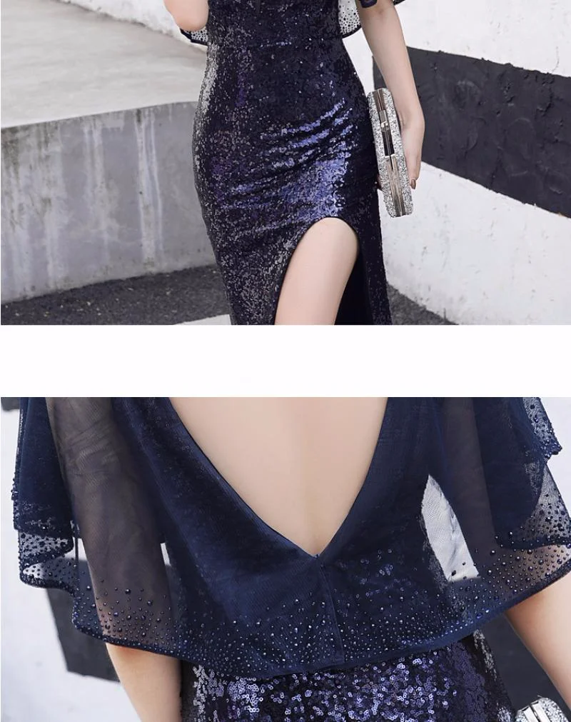 

2020 Sequins Backless Evening Party Longs Dress Elegant Sexy V-Neck Formal Mermaid Dress Women Robe De Soire Side Split Gowns