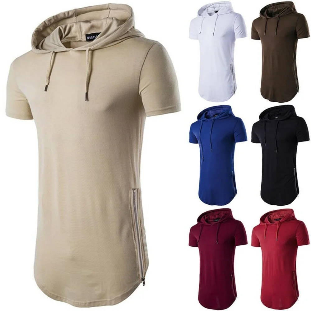 

Mens Solid Color Short Sleeve T Shirt Hooded Hoodie Long Shirt Casual Tops