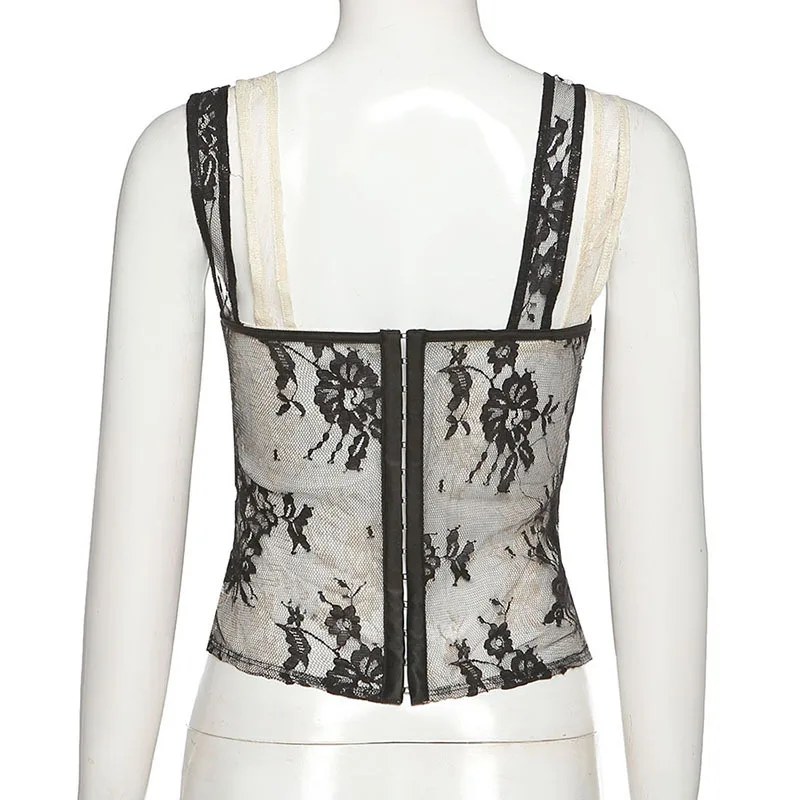 

2021 Sping Lace Sexy U Neck Backless Crop Top Women Goth Bustier Sleeveless Party Clubwear Corset Female Basic Vest