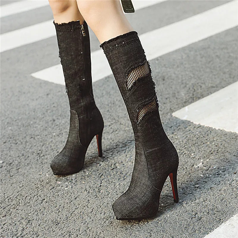 

MORAZORA 2020 new arrival denim knee high boots women round toe zip thin high heels platform boots fashion party shoes woman