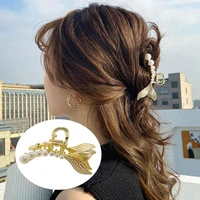 fashion women hair claw ponytail holder fish tail imitation pearls shiny rhinetone strong grip hair jaw clip for daily life