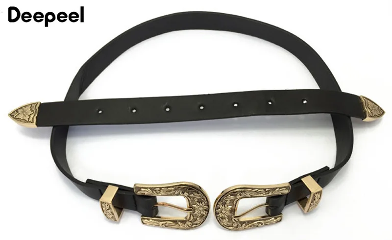 Deepeel 1pc Vogue Double Buckle Head Retro Belts for Women Wild Decorative Dress Jeans PU Waistband Luxury Women's Belt YB077 |
