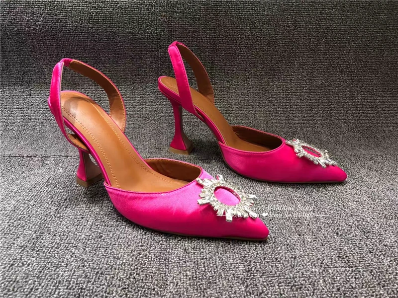 Luxury Satin Cup Heel Sandalias Mujer Sexy Back Strap Pointed Toe Crystal Buckle Individual High Heel Summer Sandals Women